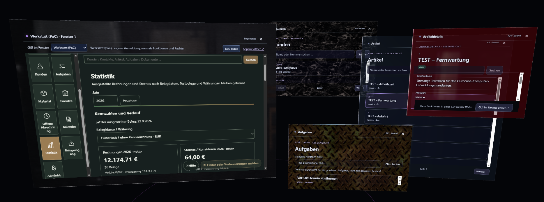 Echter Screenshot der Real-3D-PoC-Oberfläche mit räumlich angeordneten Kunden-, Artikel- und Aufgabenfenstern; als Beispiel ist eine Werkstattoberfläche eingebettet