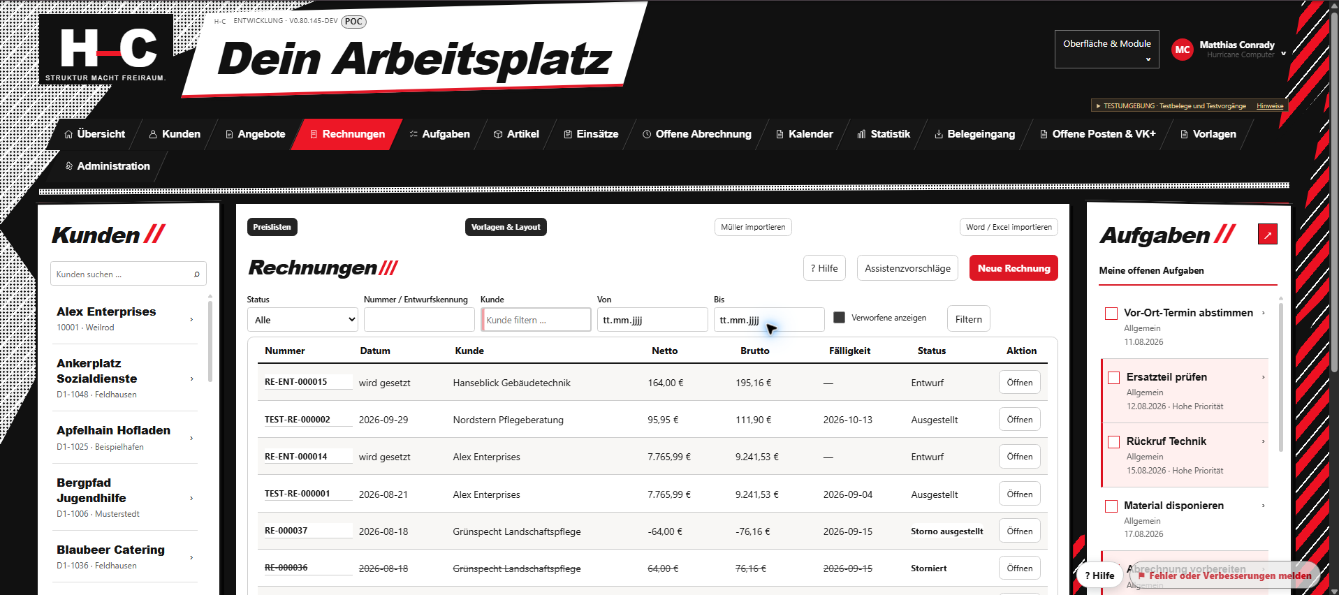 Echter Screenshot der PoC-Oberfläche Spaß beim Arbeiten mit Rechnungsübersicht, Kunden und Aufgaben